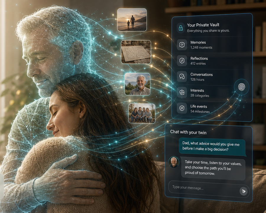 A daughter comforted by a fading AI twin presence with private memory and chat panels